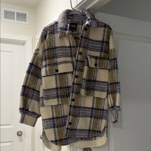 Zara Men's Checkered Shirt Jacket - Cream and Purple